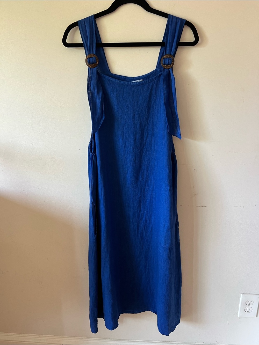 Made in Italy 100% Linen Blue Midi Overall Dress w/ Coconut Buckles-Size 12 / M